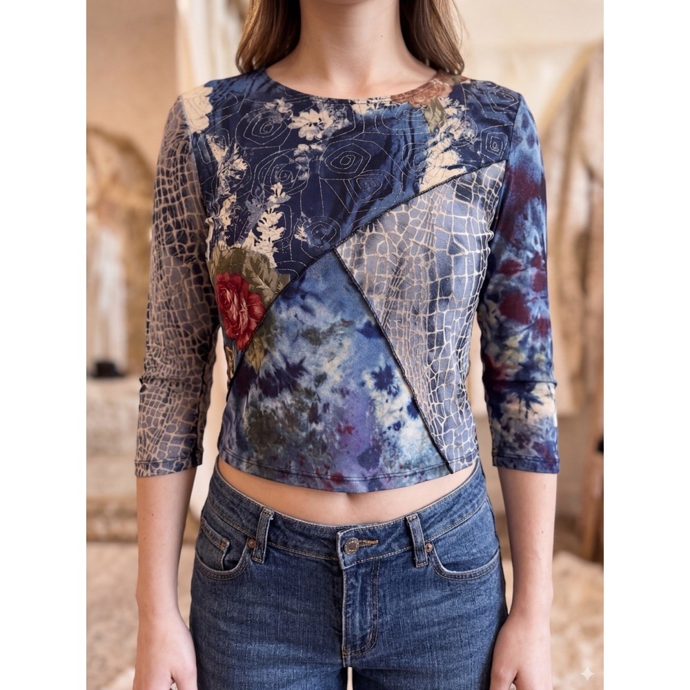 Vtg Jessica Max Y2K Blouse M Cropped 3/4 Sleeve Patchwork Glitter Fairy Whimsy